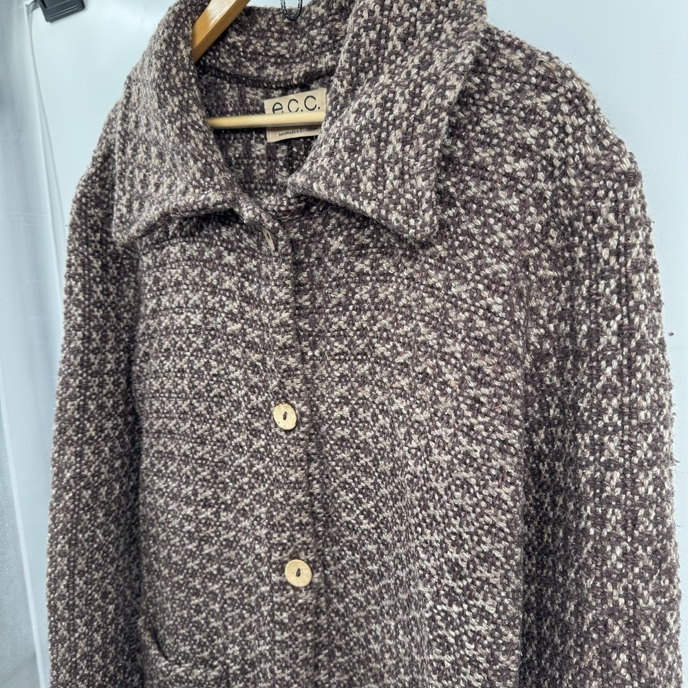 E.C.C. Women Cardigan Coat XL Brown Wool Cotton Handmade Ecuador Boho Artisan - Picture 3 of 7